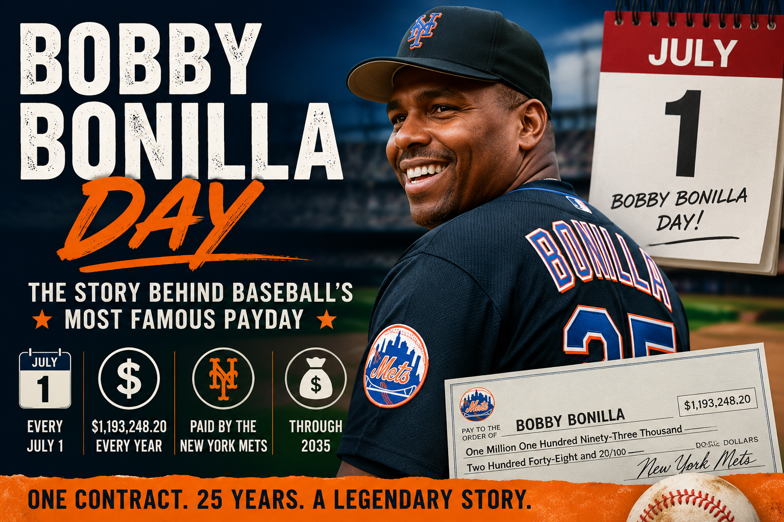 Featured image for Bobby Bonilla Day showing a baseball-themed graphic with a July 1 calendar, a large paycheck, and bold text explaining baseball's most famous deferred contract and annual payday.